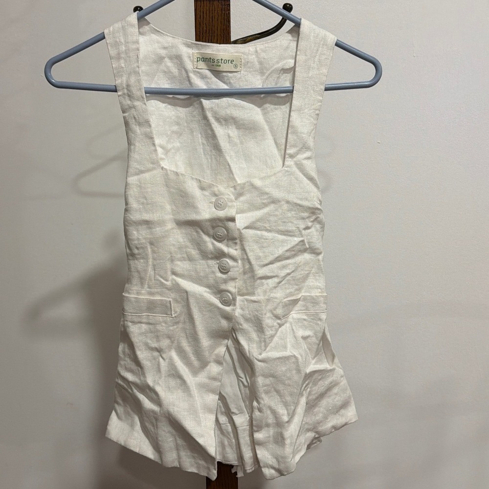 Olivaceous White 100% Linen Button Down Tie Back Top S